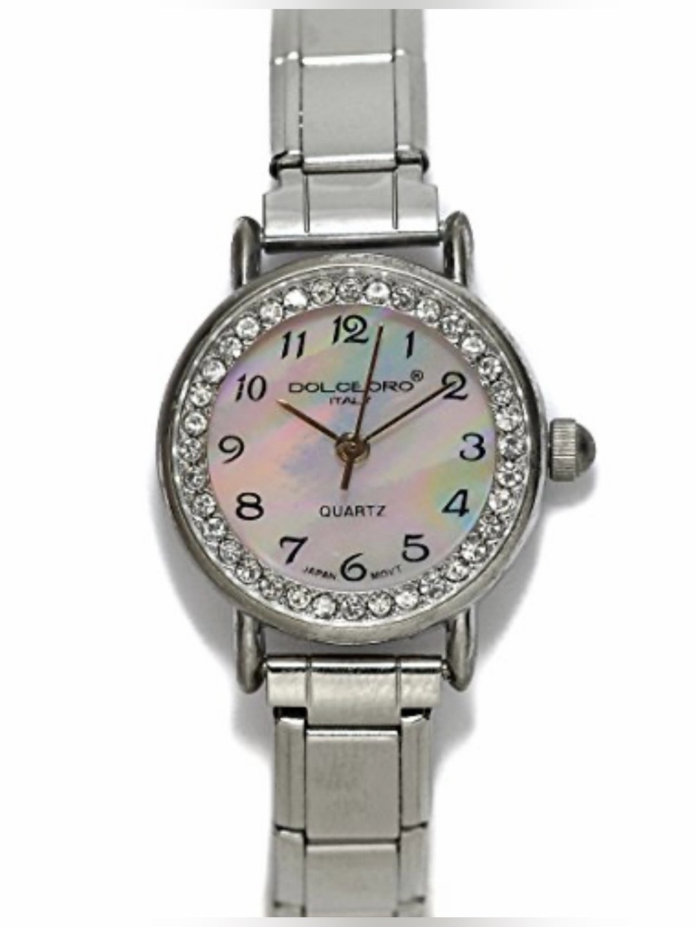 DOLCEORO Italian Mother-of-Pearl Crystal Accent Charm Bracelet Watch Silver
